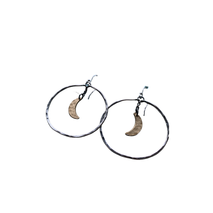 Moon Hoop Earrings - Silver Hoops, Brass Moons