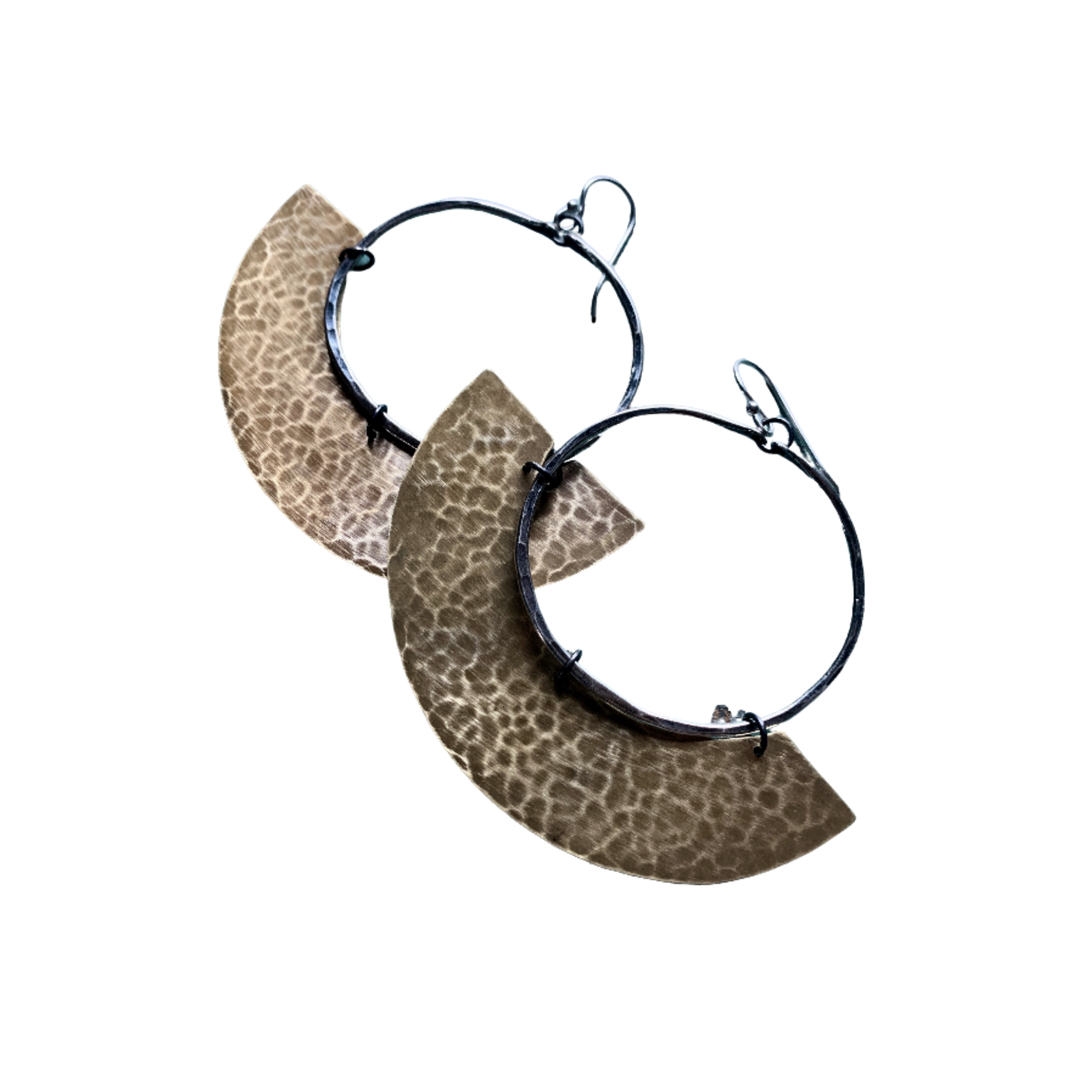 Mezzaluna Earrings - Silver Hoop w/ Thick, Hammered Light Brass Blade