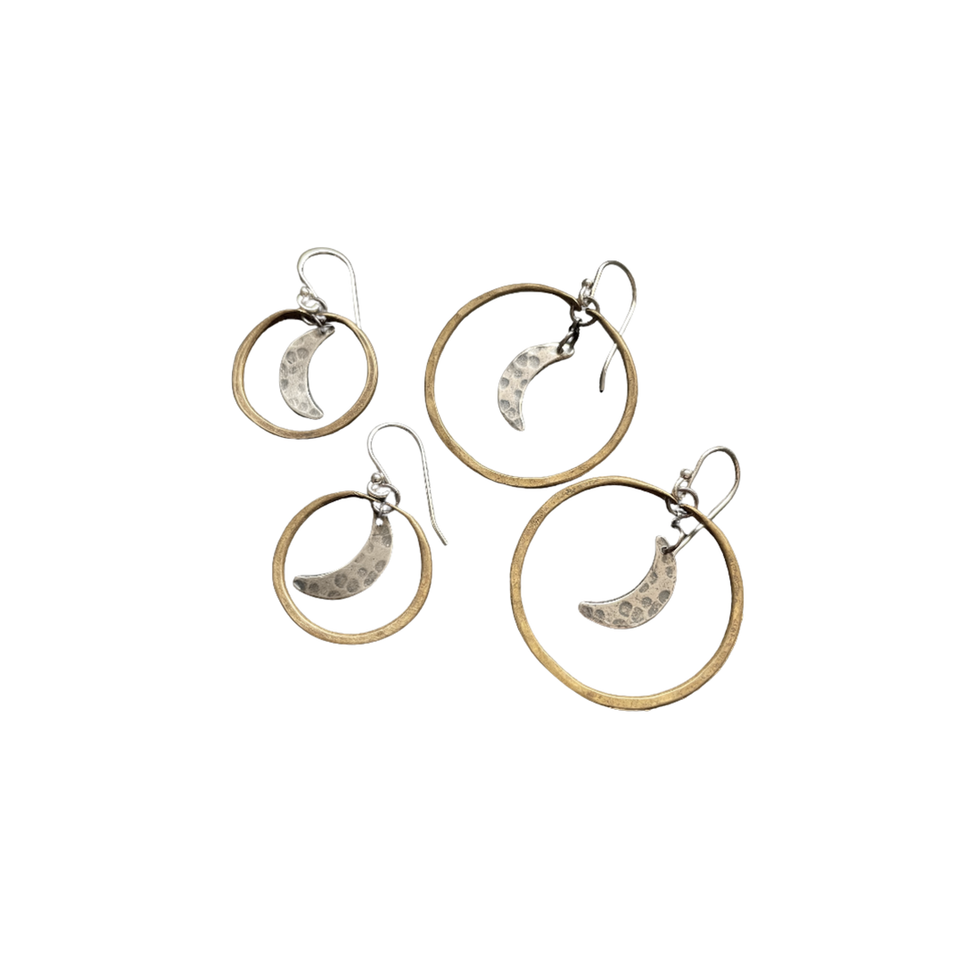 Moon Hoop Earrings - Brass Hoops, Silver Moons