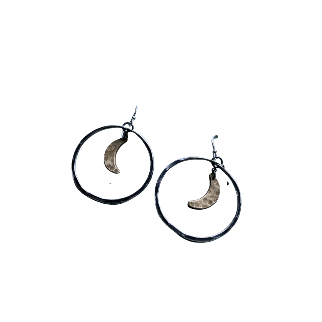 Moon Hoop Earrings - Silver Hoops, Brass Moons