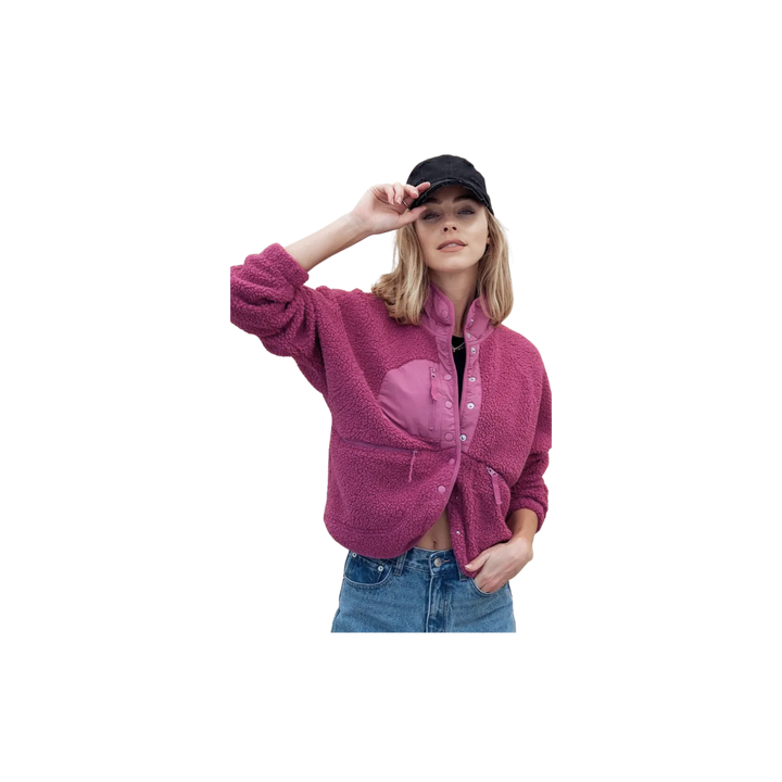 Stand Collar Zip Pocket Button Fleece Crop Jacket