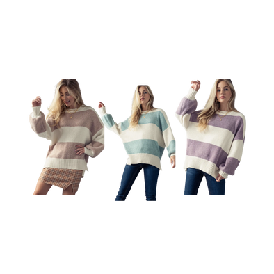 Striped Colorblock Bishop Sleeve Knit Sweater