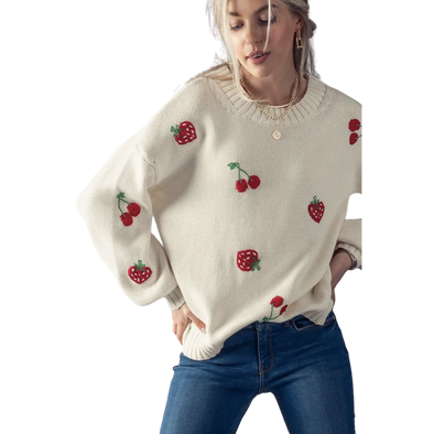 Cute Strawberry And Cherry Embroidered Sweater