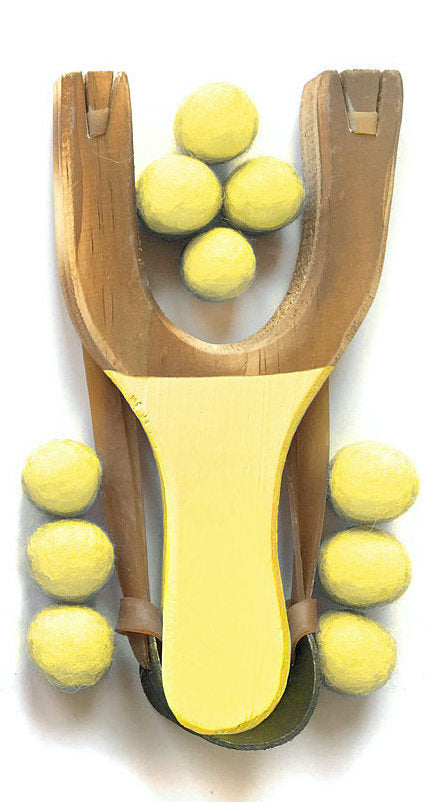 Wooden Slingshot with Rainbow Felt Balls